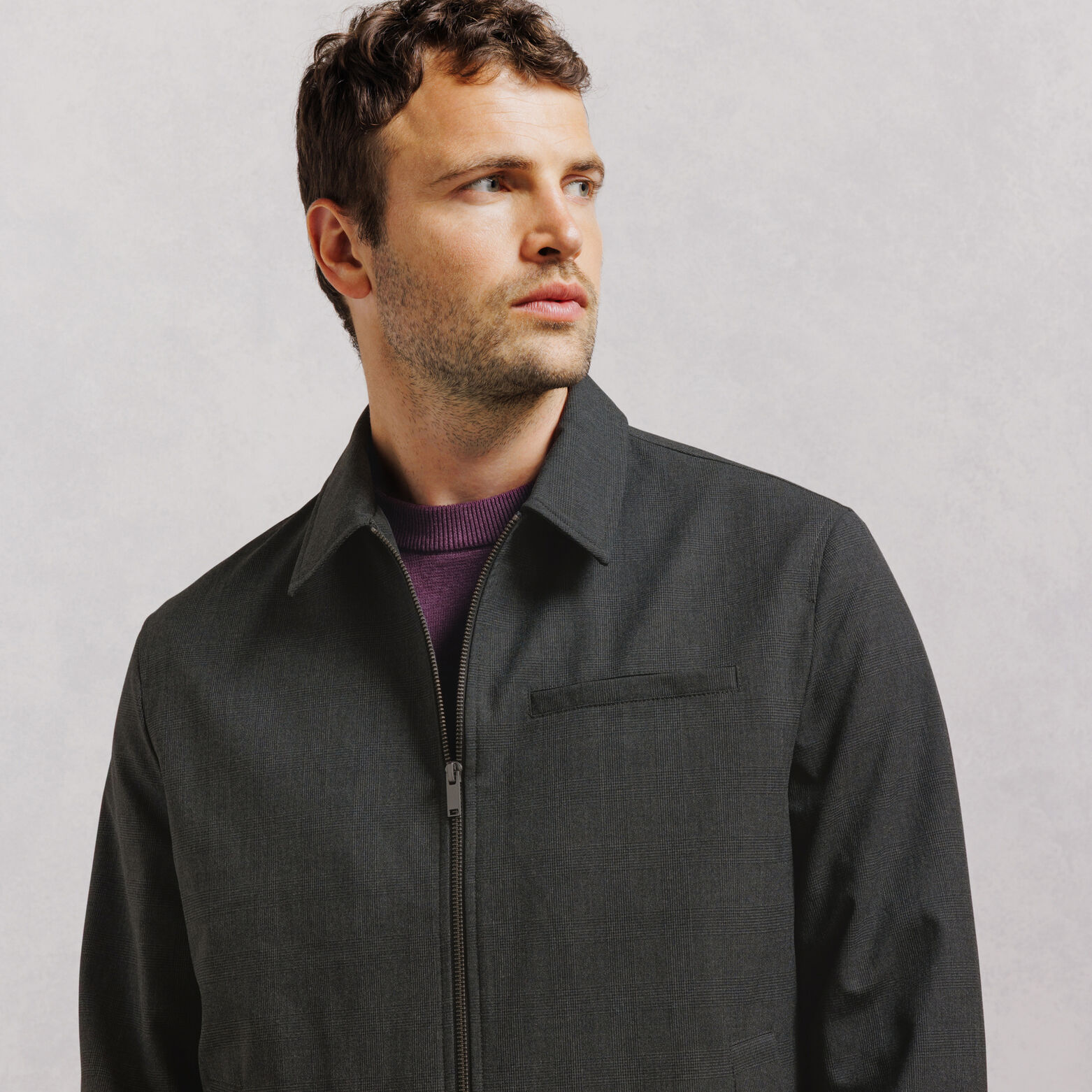 Veste zipp&eacute;e col chemise &agrave; carreaux