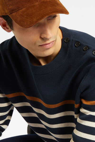 Pull Homme JULES Col Rond Rayé Beige - Taille L - Coton - Très Bon état