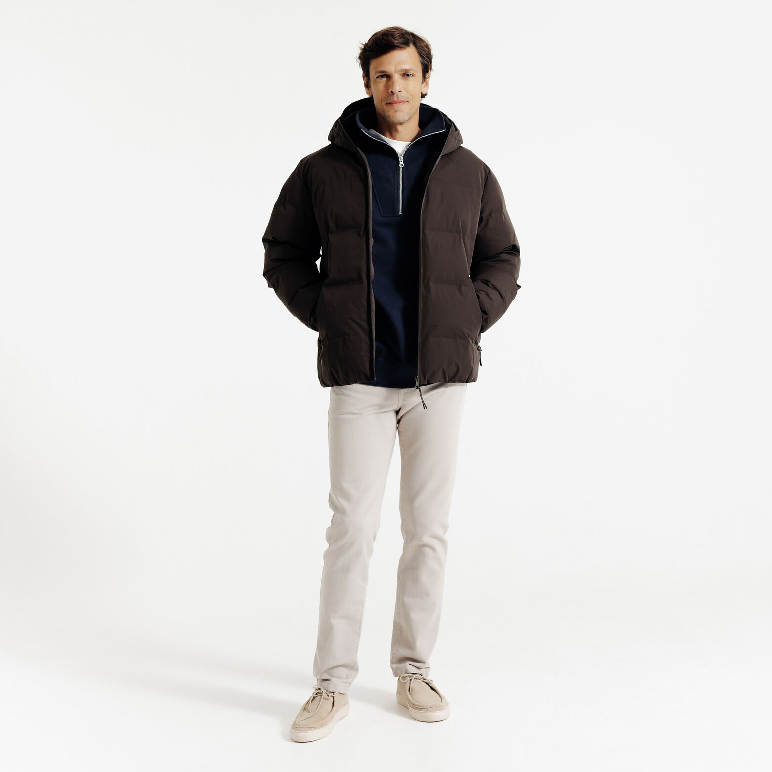 Gewatteerde donsjas met kap en rits