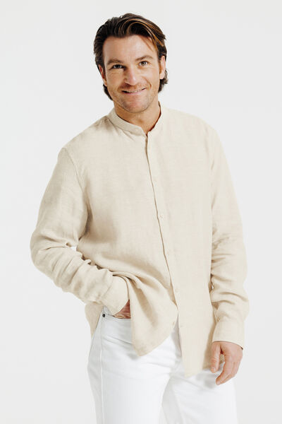 Chemise col mao en lin unie