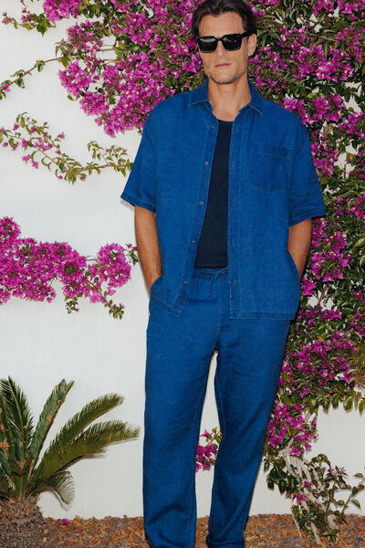 Ensemble chemisette et pantalon tapered 100% lin - Bleu