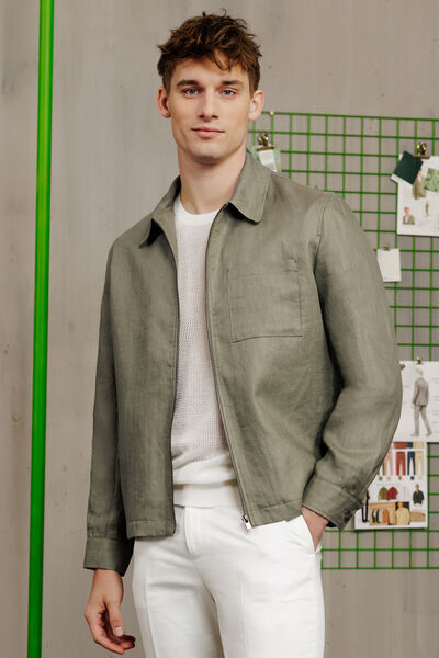 Veste col chemise zipp&eacute;e chevron 100% lin