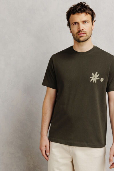 Tee shirt col rond brod&eacute; fleur poitrine
