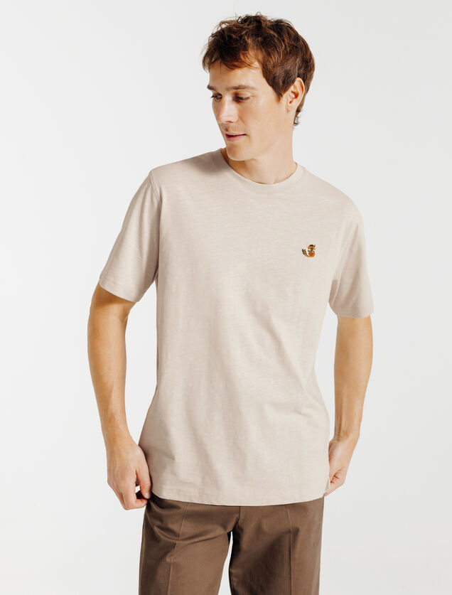 T-shirt in gevlamde stof met borduursel op de bors