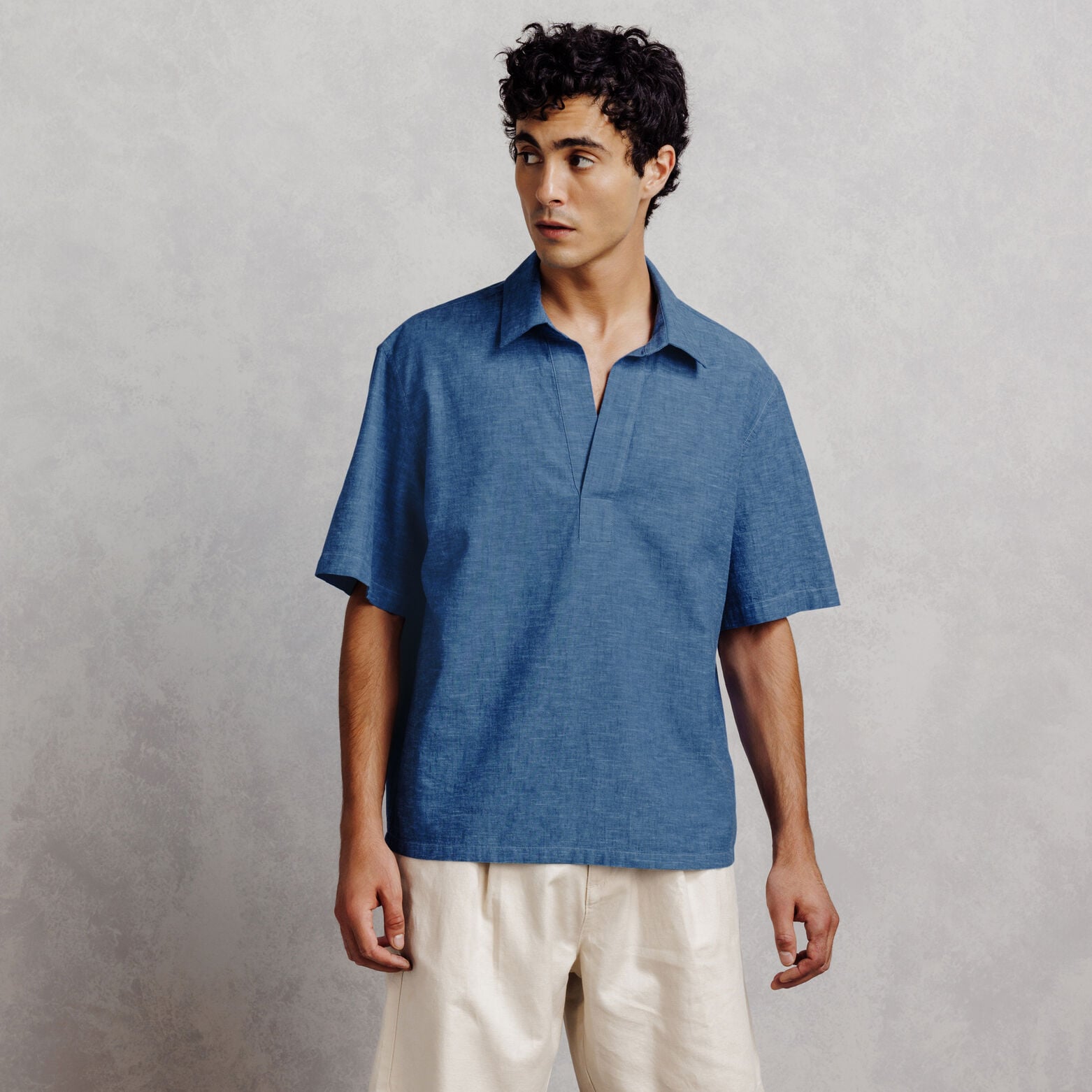 Chemisette 100% coton col vareuse effet denim