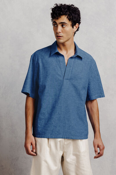 Chemisette 100% coton col vareuse effet denim