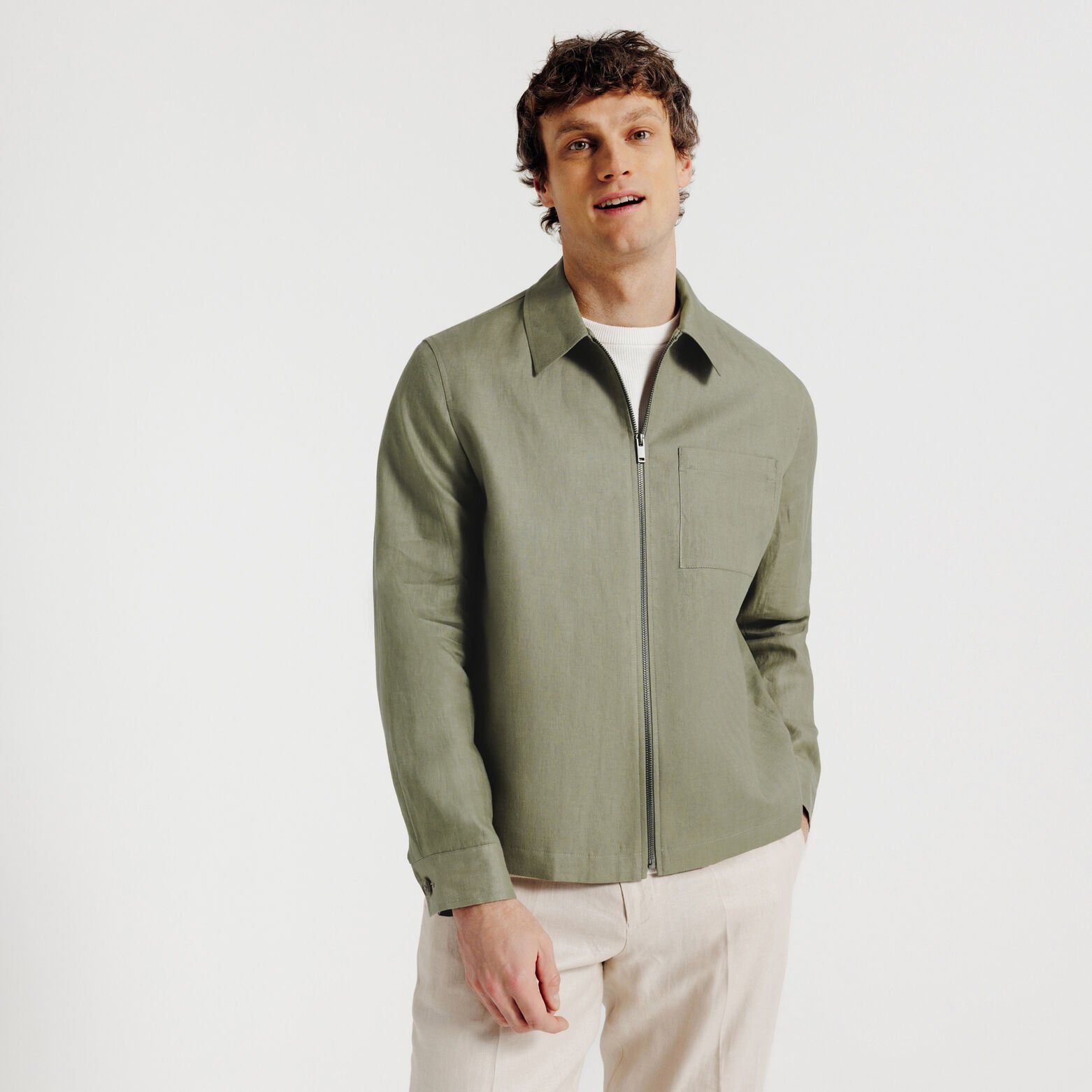 Vest visgraat met hemdskraag en rits, 100% linnen