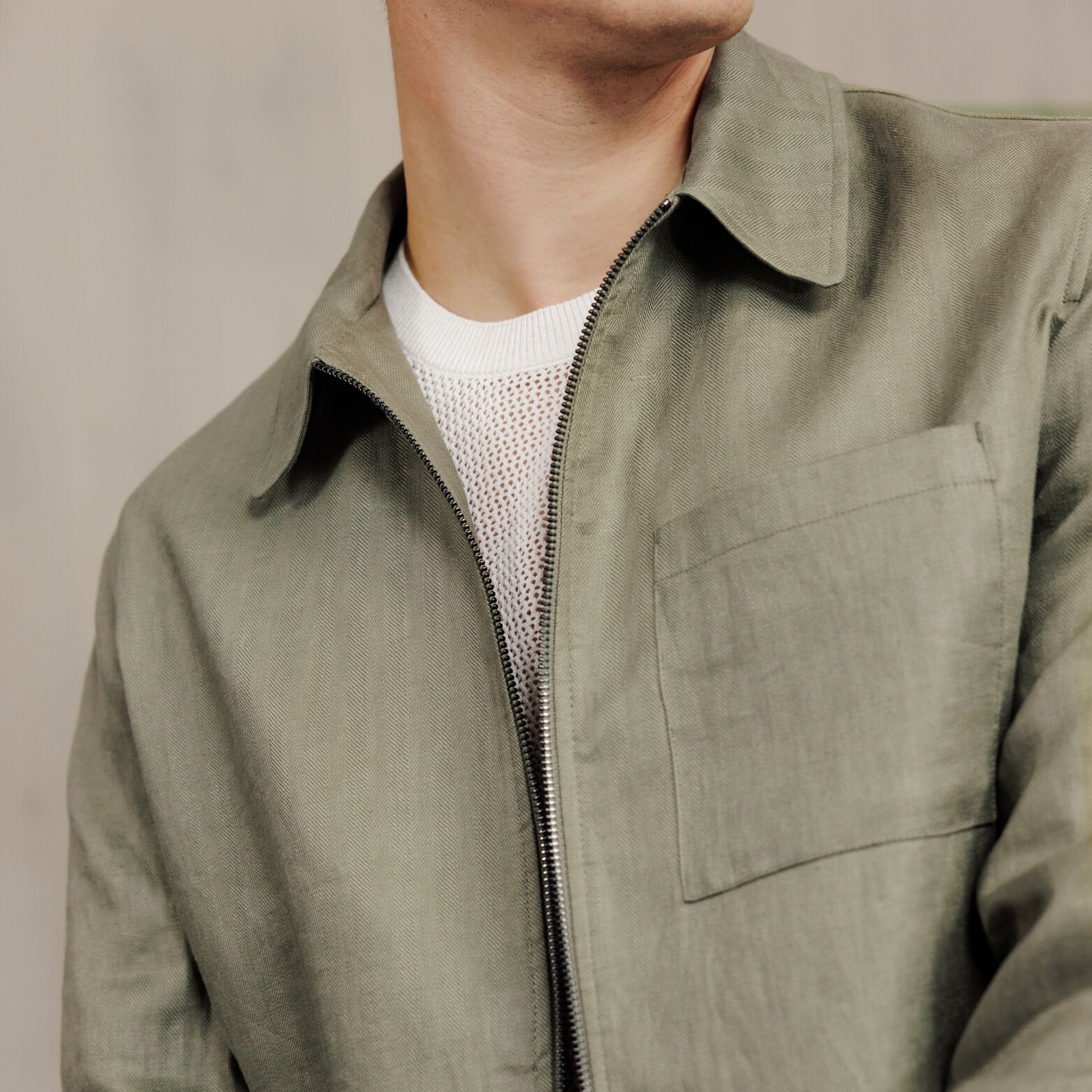 Veste col chemise zipp&eacute;e chevron 100% lin