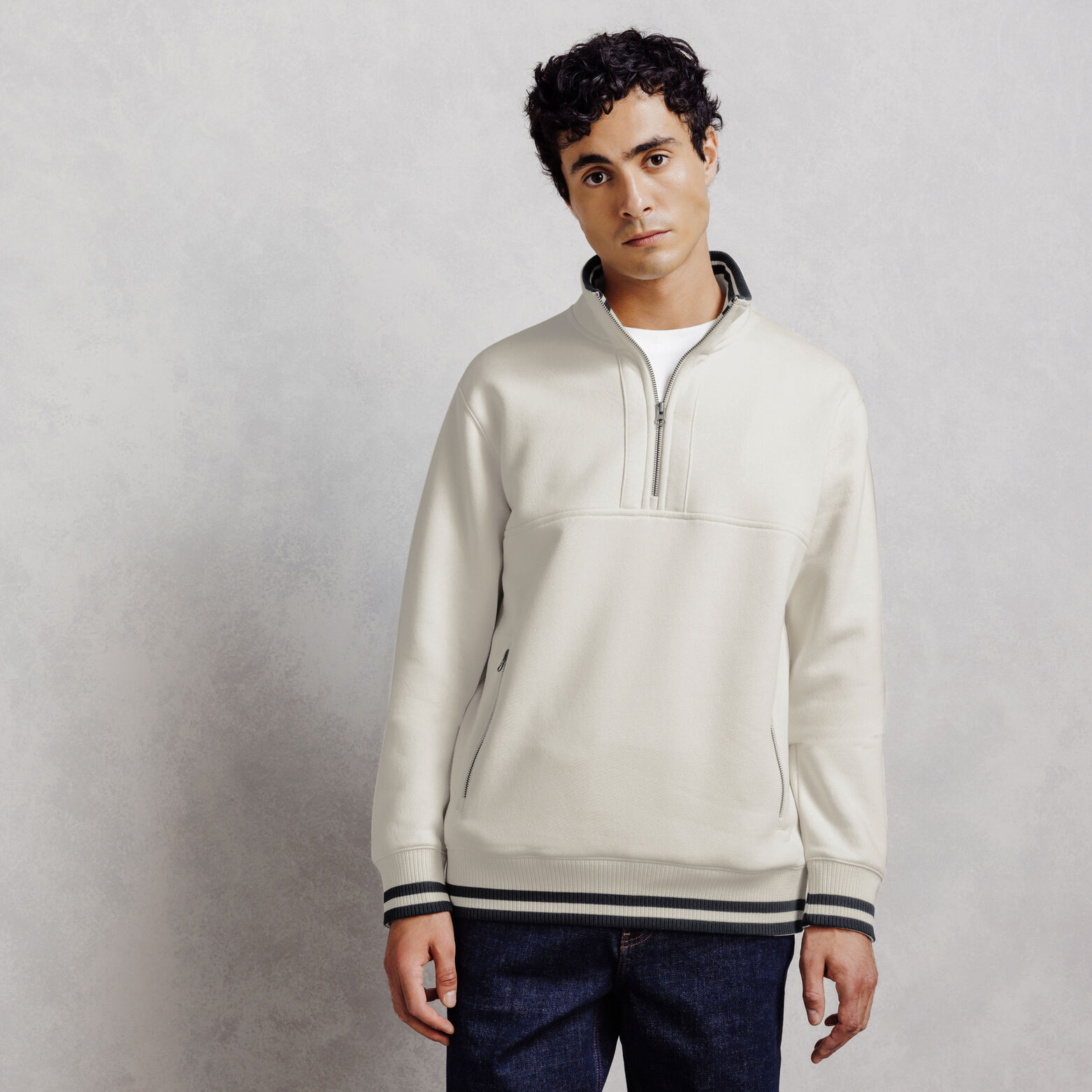 Sweater met rits, opstaande kraag, contrastboord
