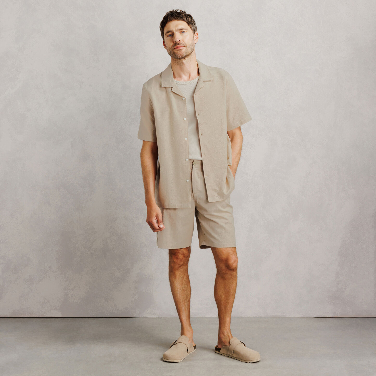 Ensemble chemisette et bermuda seersucker - Beige