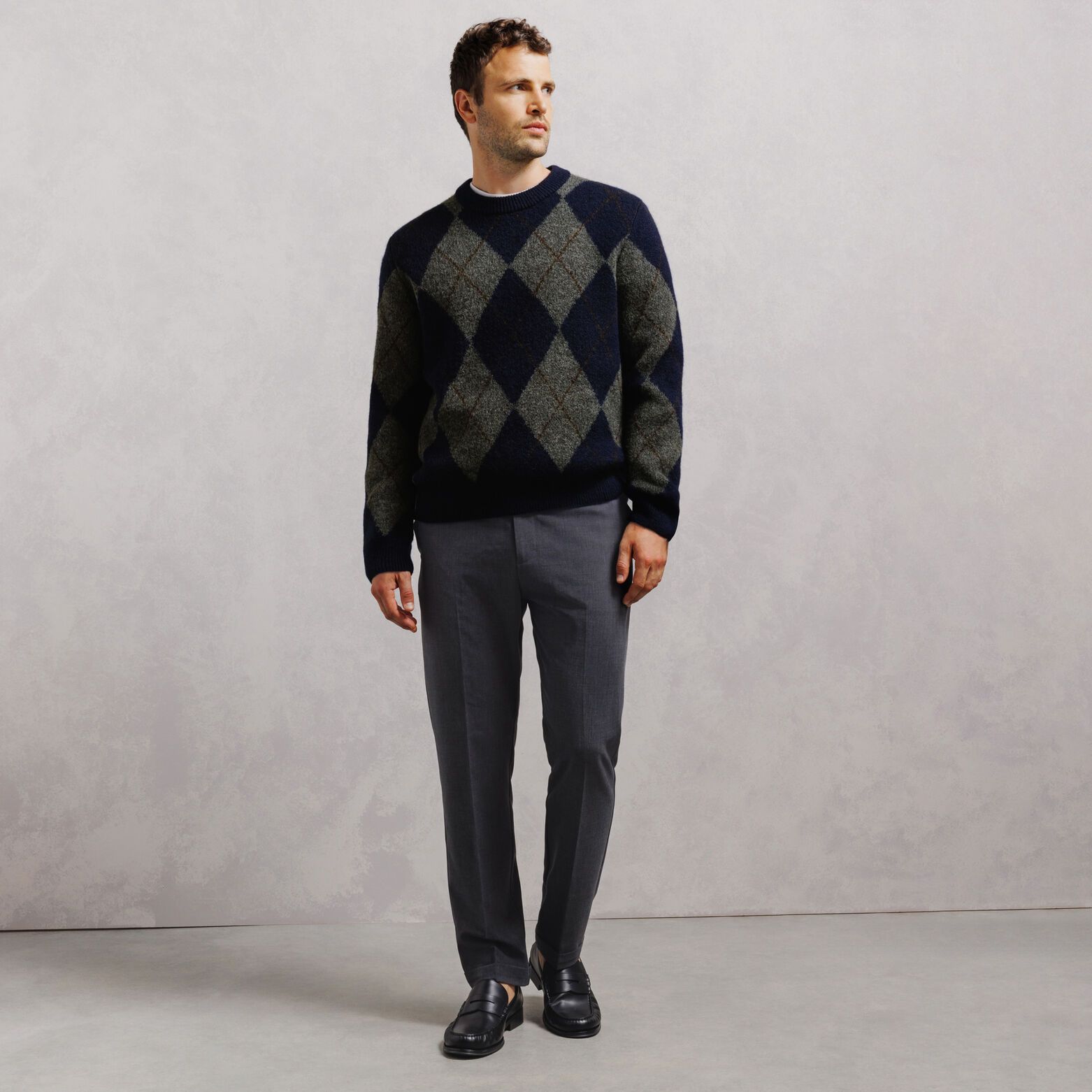 Pull col rond jacquard carreaux argyle