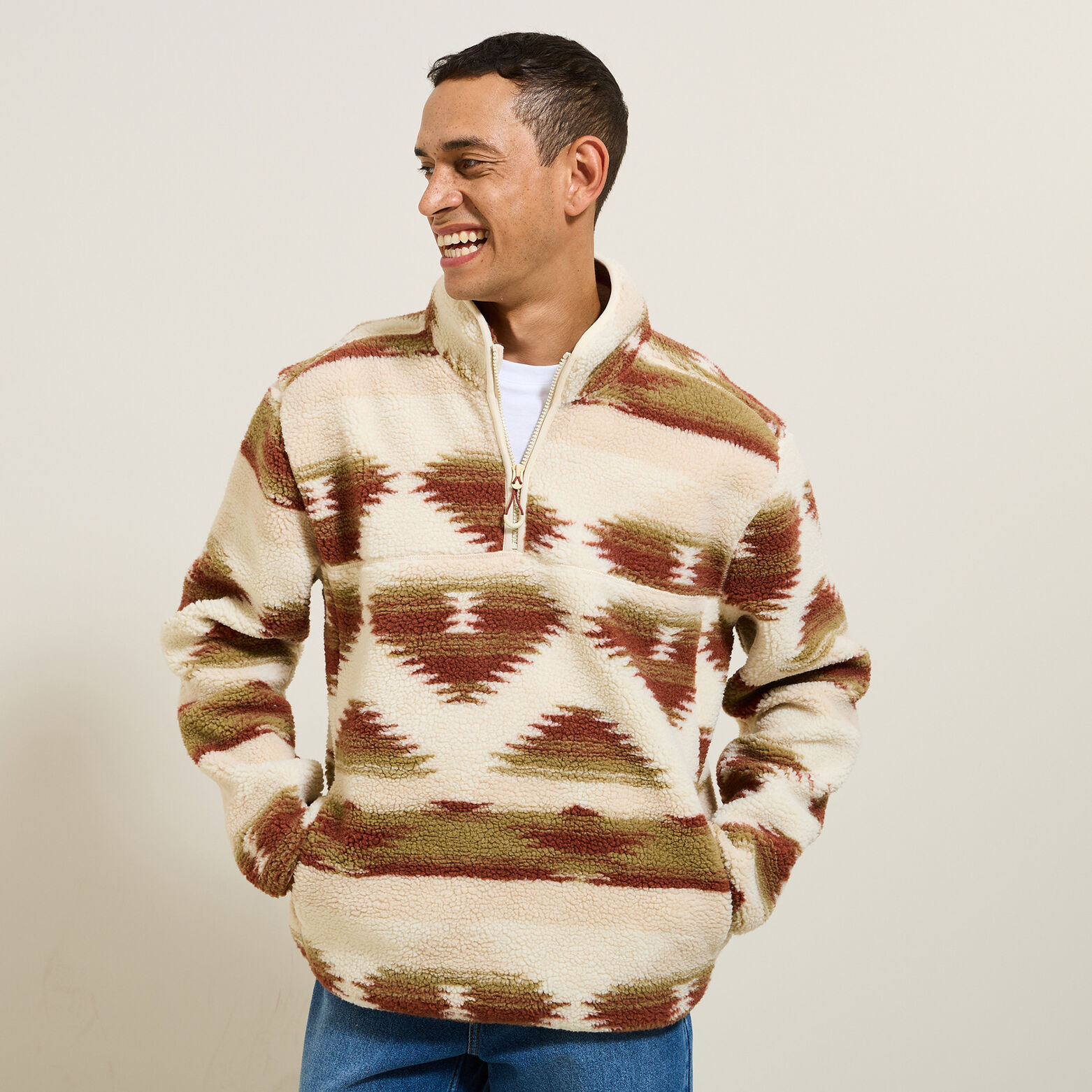 Sweat col zippé en sherpa imprimé