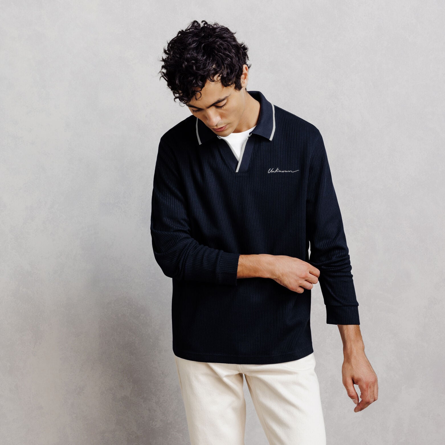Polo manches longues col resort jacquard contrast&eacute;