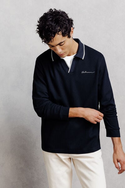 Polo manches longues col resort jacquard contrast&eacute;