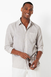 Chemise en coton lin rayée col boutonné