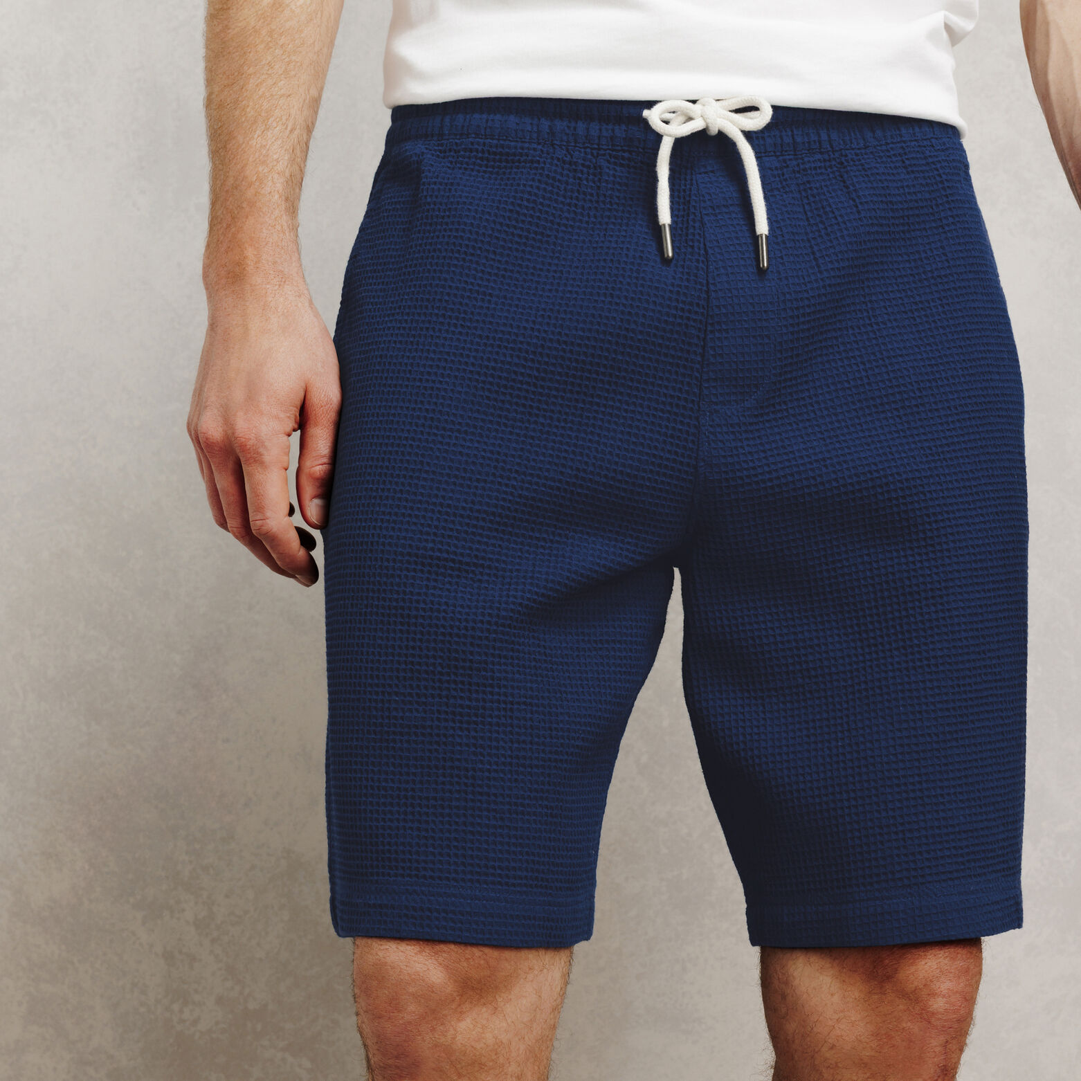 Ensemble chemisette et bermuda gaufr&eacute; - Bleu fonc&eacute;