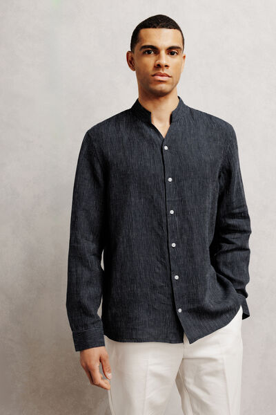 Chemise regular en lin ray&eacute;e col mao
