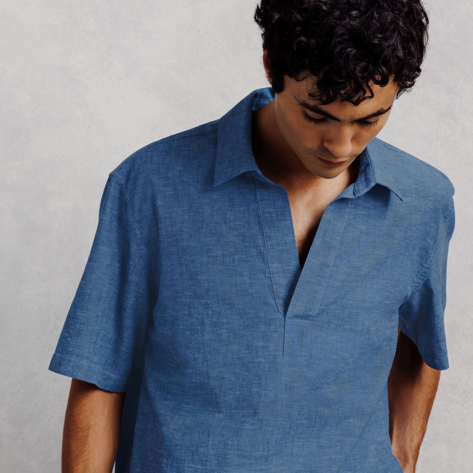 Chemisette 100% coton col vareuse effet denim