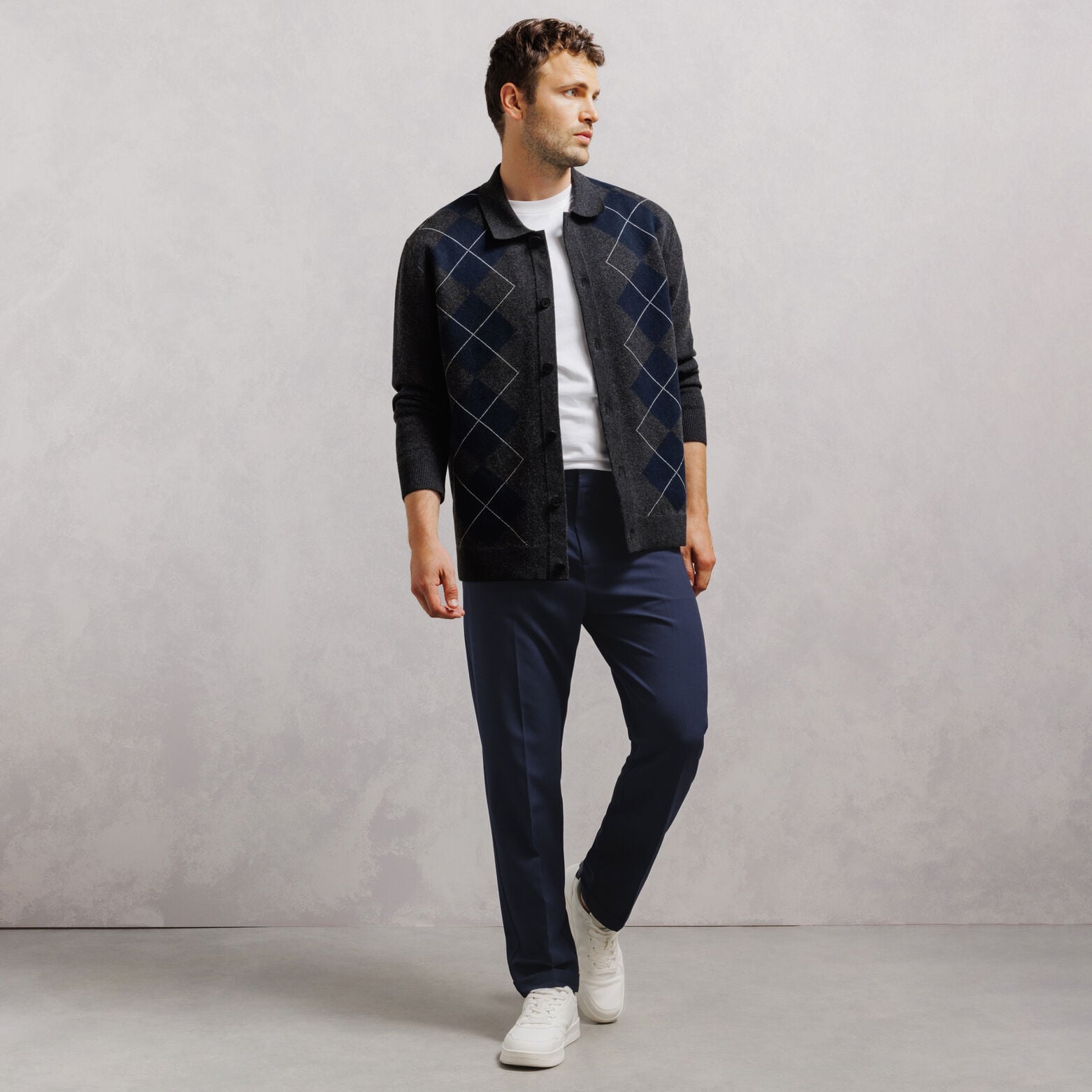 Cardigan col polo jacquard carreaux argyle