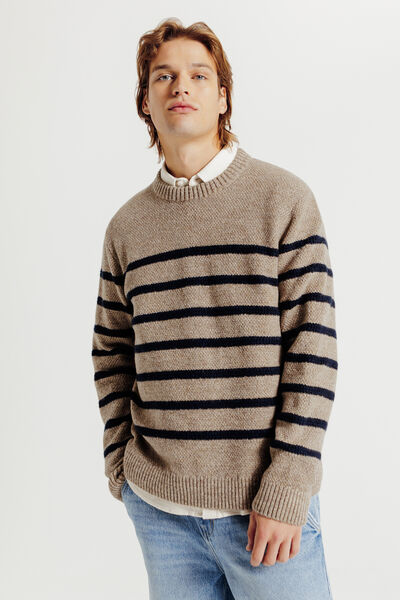 Pull col rond jeux de points rayé