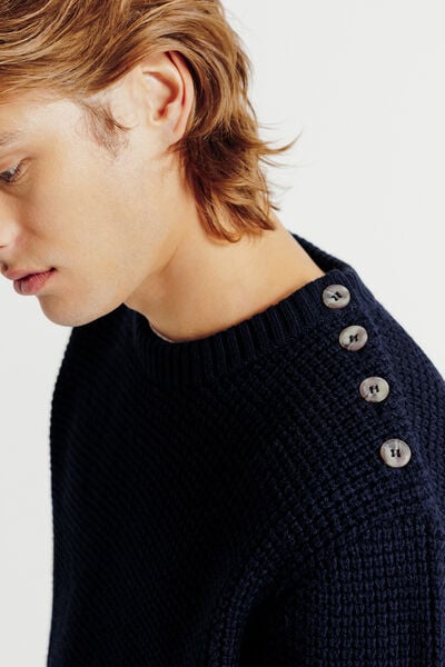 Pull col rond boutonné gaufré
