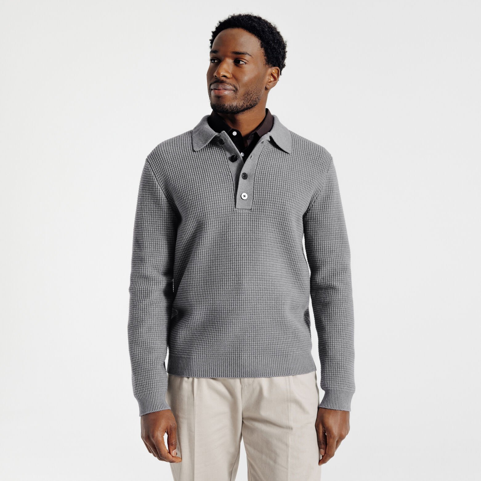 Pull col polo boutonn&eacute; gaufr&eacute;