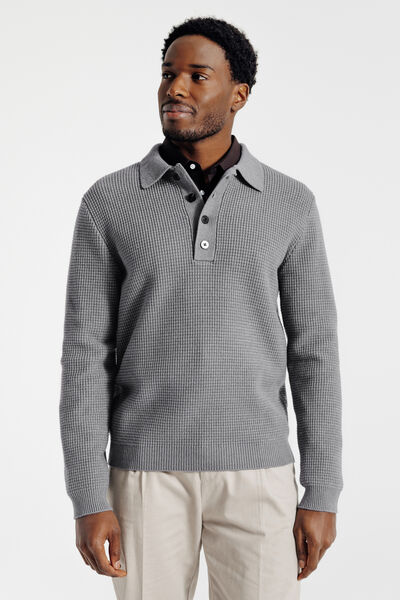 Pull col polo boutonn&eacute; gaufr&eacute;