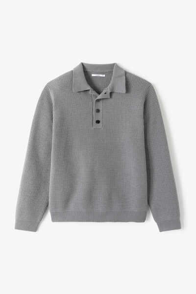 Pull col polo boutonn&eacute; gaufr&eacute;