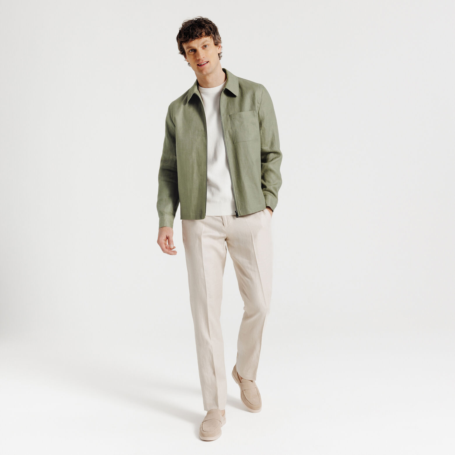 Vest visgraat met hemdskraag en rits, 100% linnen