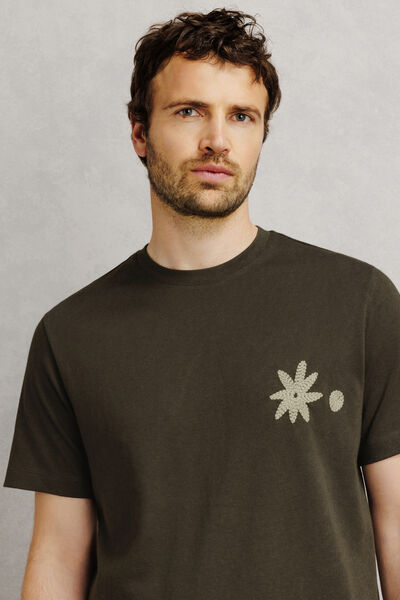 Tee shirt col rond brod&eacute; fleur poitrine