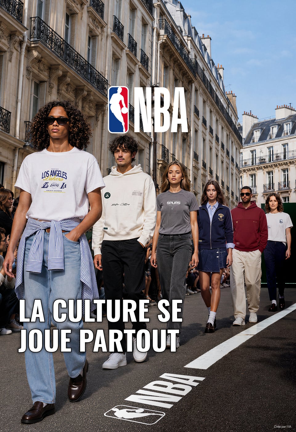 Six mannequins défilent dans une rue de Paris en vêtements de la collection NBA x Jules