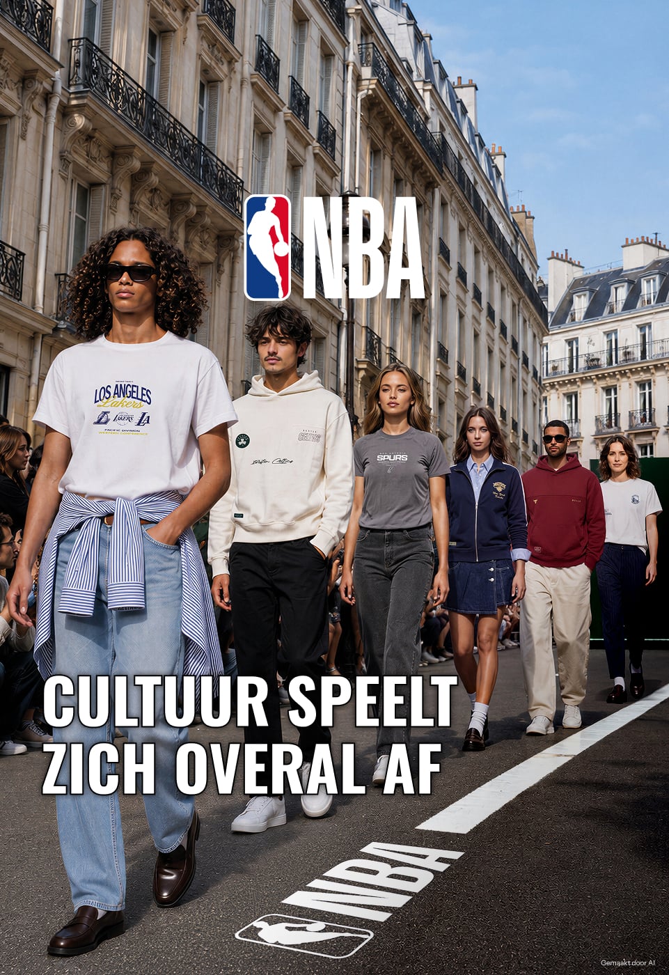 Zes modellen lopen door een straat in Parijs in kleding van de NBA x Jules-collectie