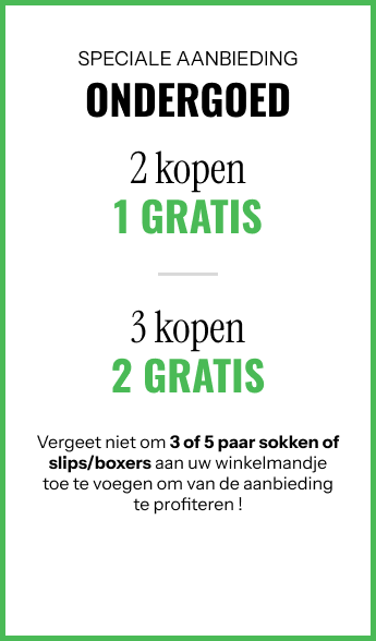 Speciale aanbieding ondergoed! 2 gekocht = 1 gratis. 3 gekocht = 2 gratis. Psst: vergeet niet 3 of 5 paar sokken of boxershorts/onderbroeken aan je winkelmandje toe te voegen om van de aanbieding te profiteren!