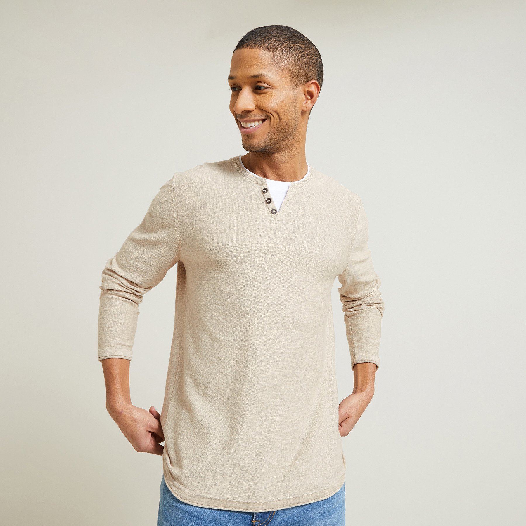 Pull col tunisien 2 en 1 Ecru S 100% Coton Homme