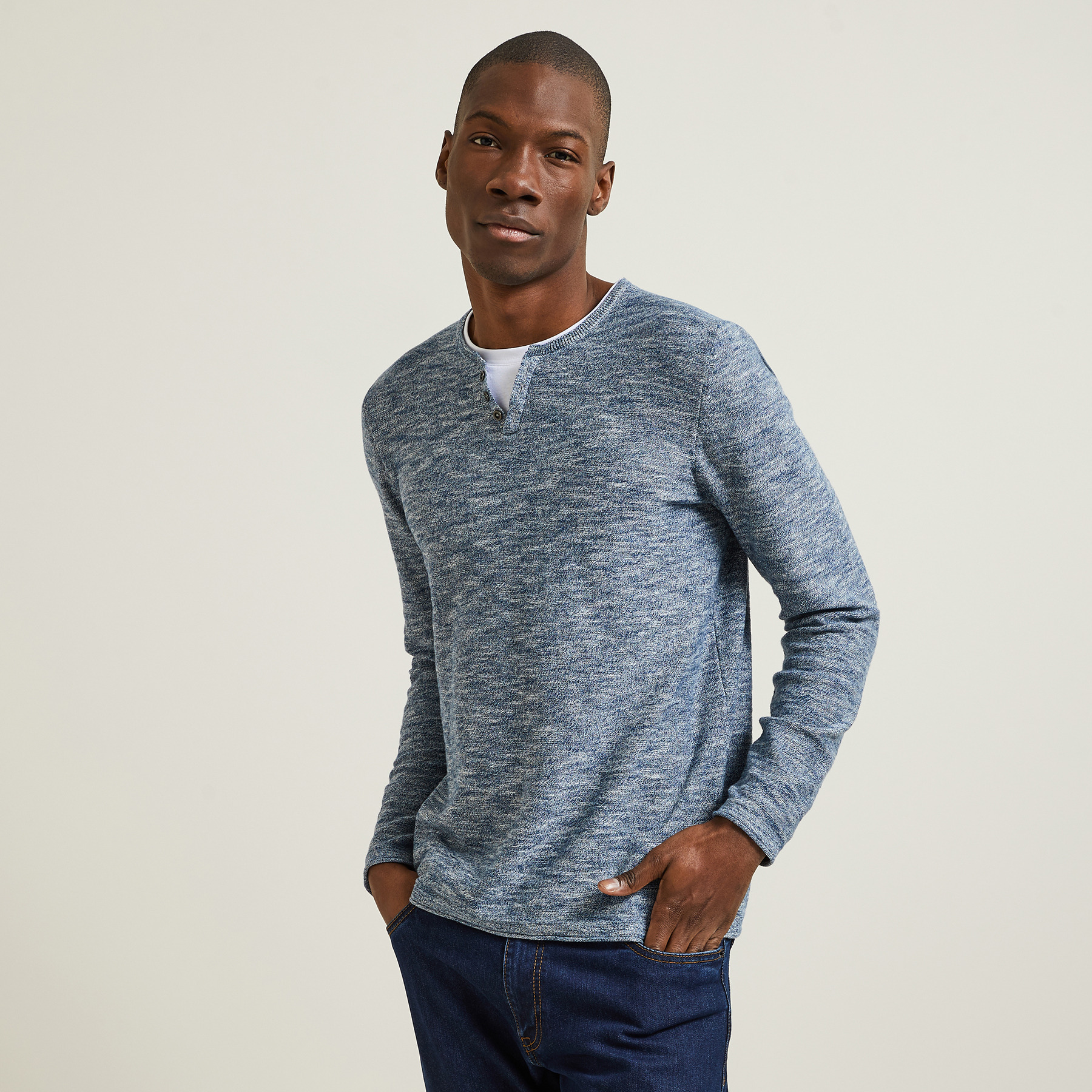 Pull col tunisien 2 en 1 Bleu S 60% Coton, 40% Viscose Homme