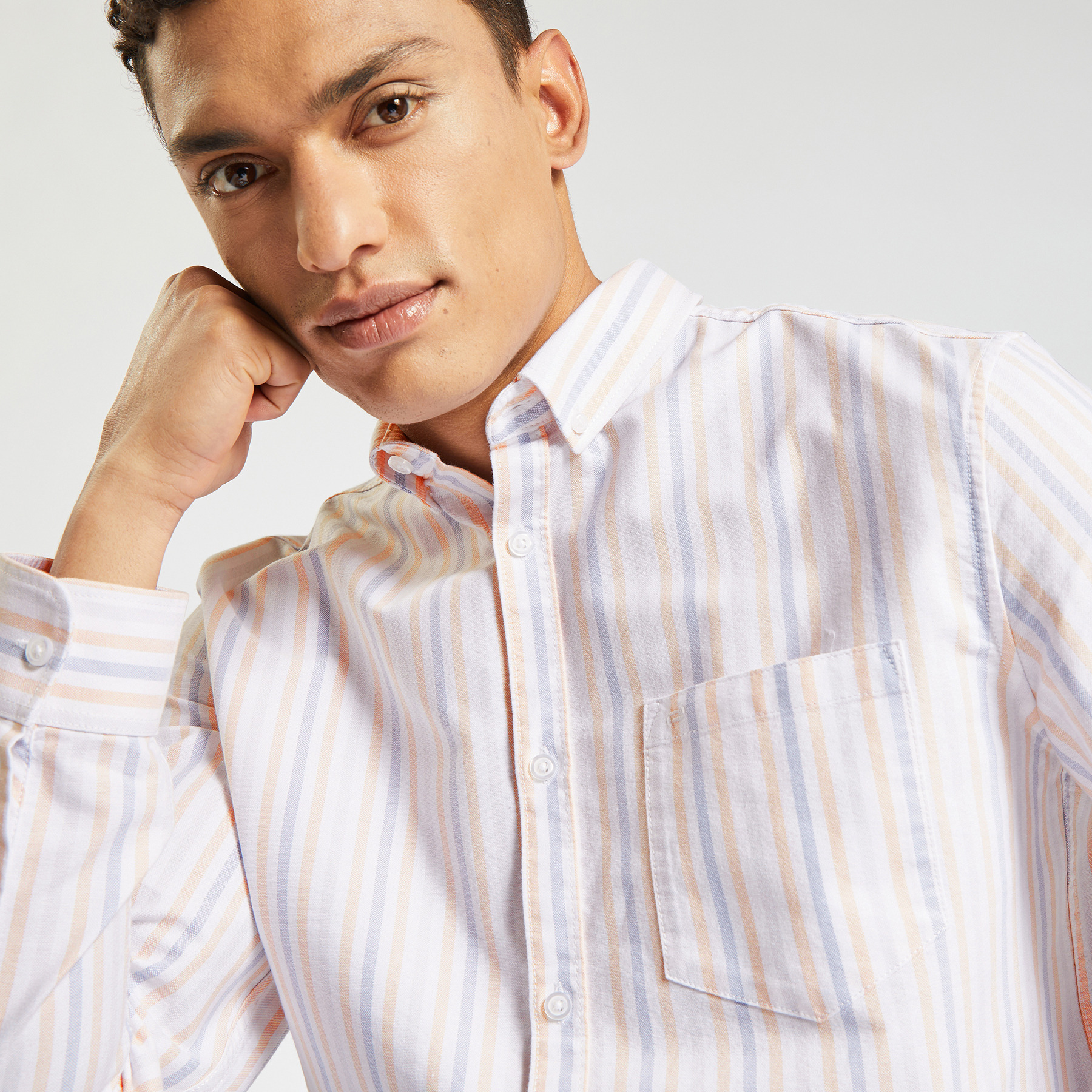 Chemise oxford regular à rayures Blanc/ Ecru S 100% Coton Homme Jules