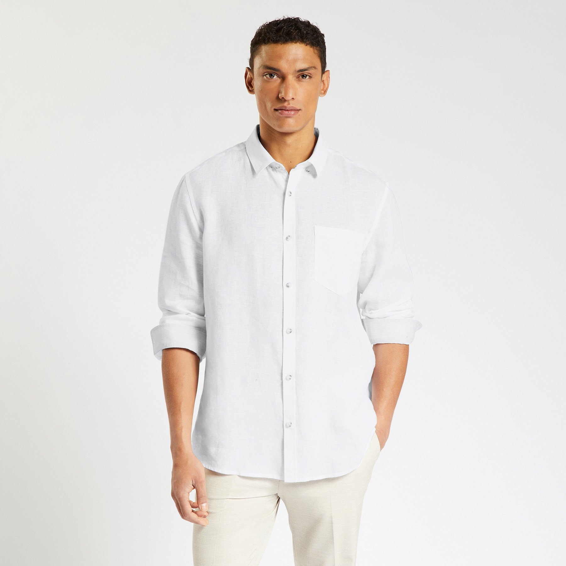 Chemise en lin regular col boutonné Blanc L 100% Lin Homme