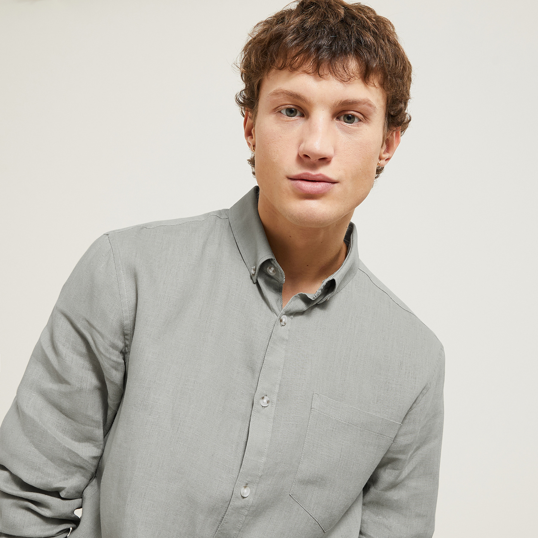 Chemise en lin regular col boutonné Vert/Kaki XXL 100% Lin Homme