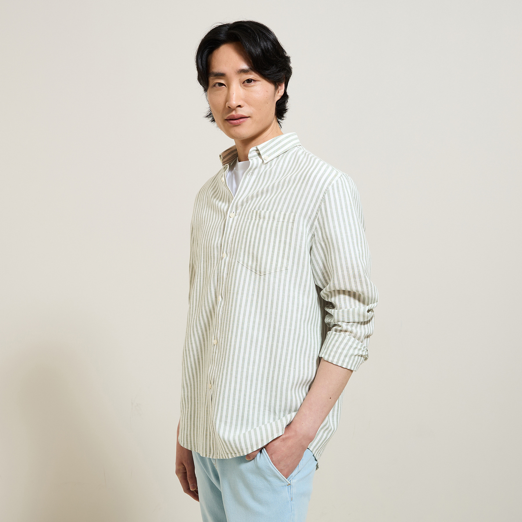 Chemise en coton lin rayée col boutonné Vert/Kaki XS 54% Lin, 46% Coton Homme