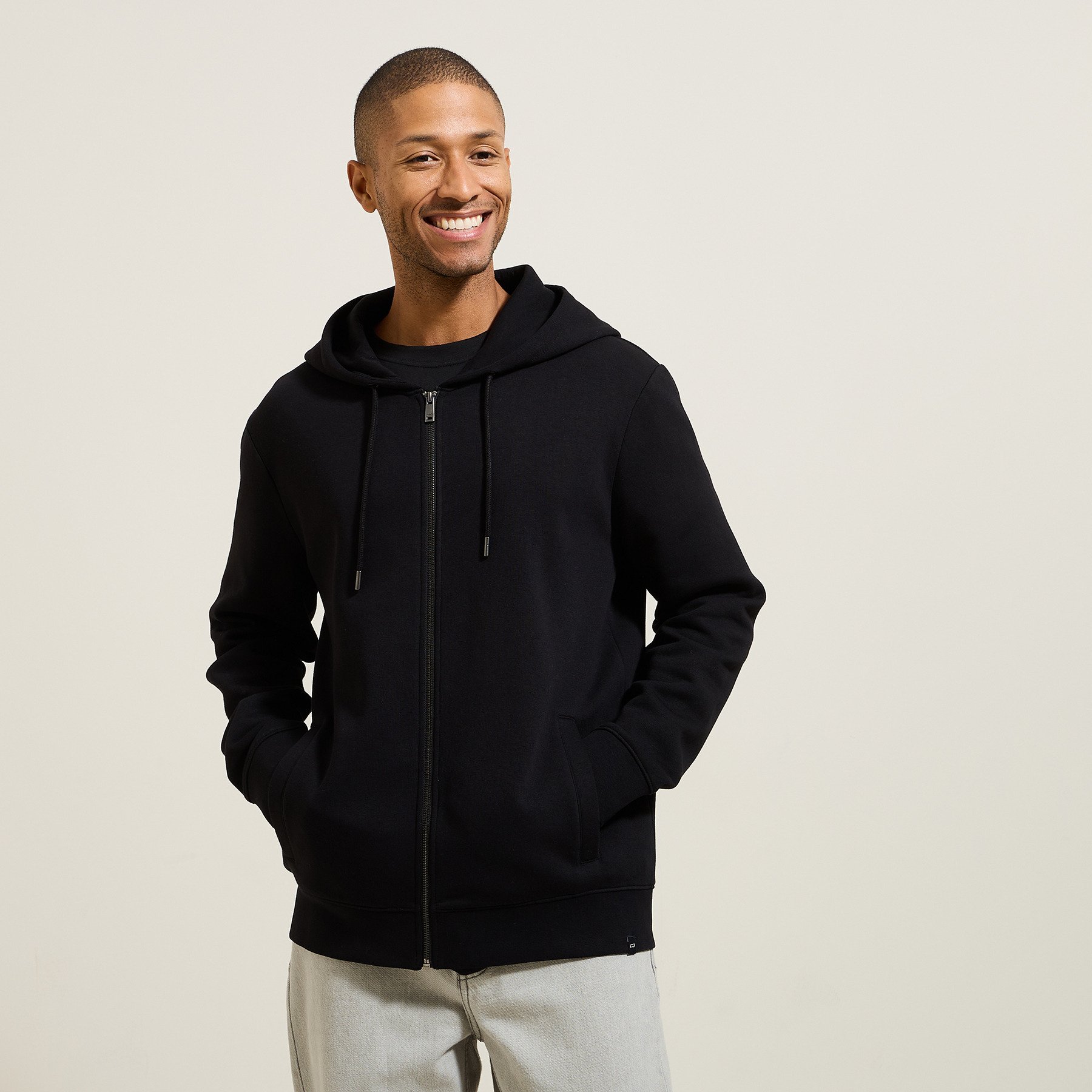 Sweat à capuche zippé uni Noir XS 70% Coton, 30% Polyester Homme