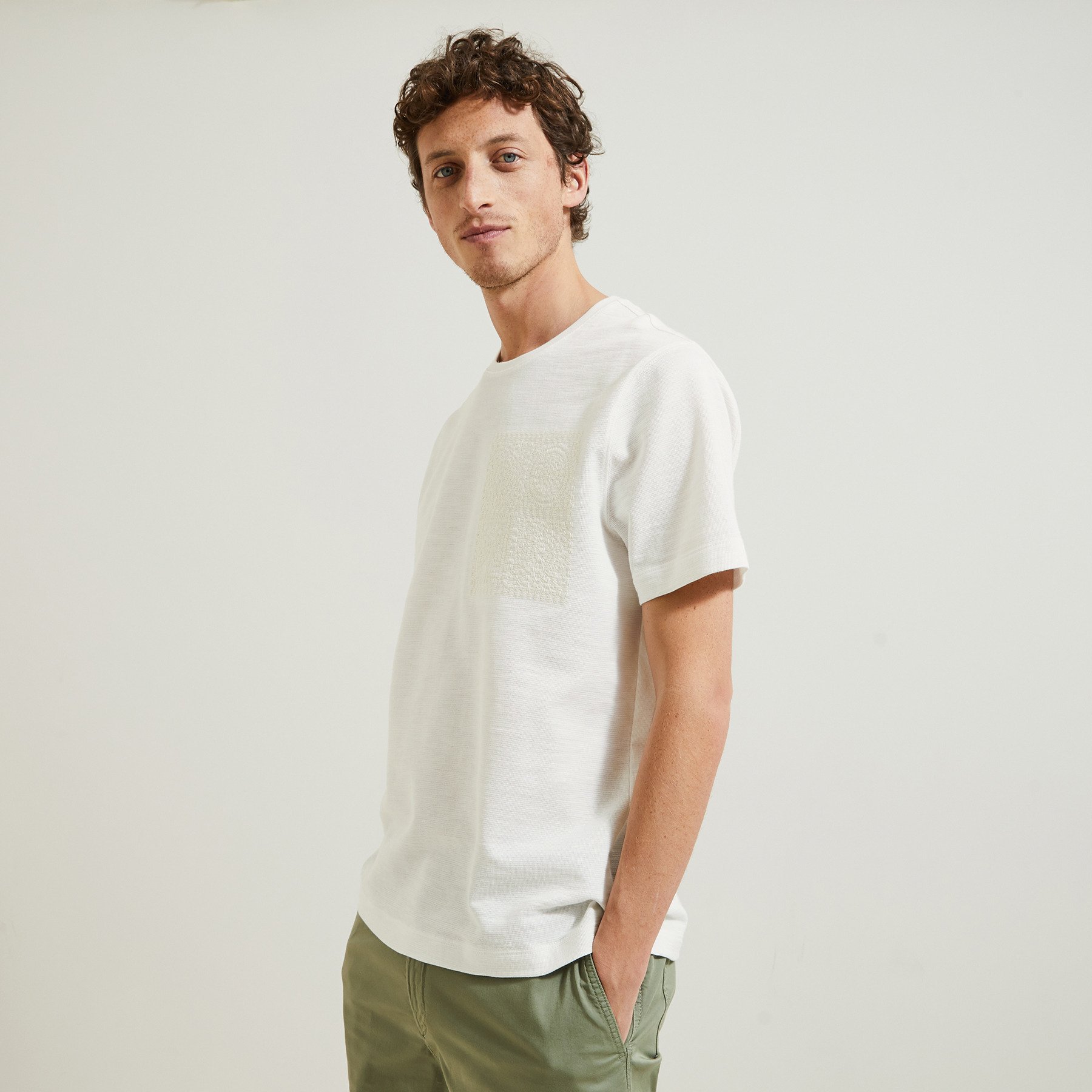 Tee shirt matière reliéfée détail macramé Blanc S 100% Coton Homme