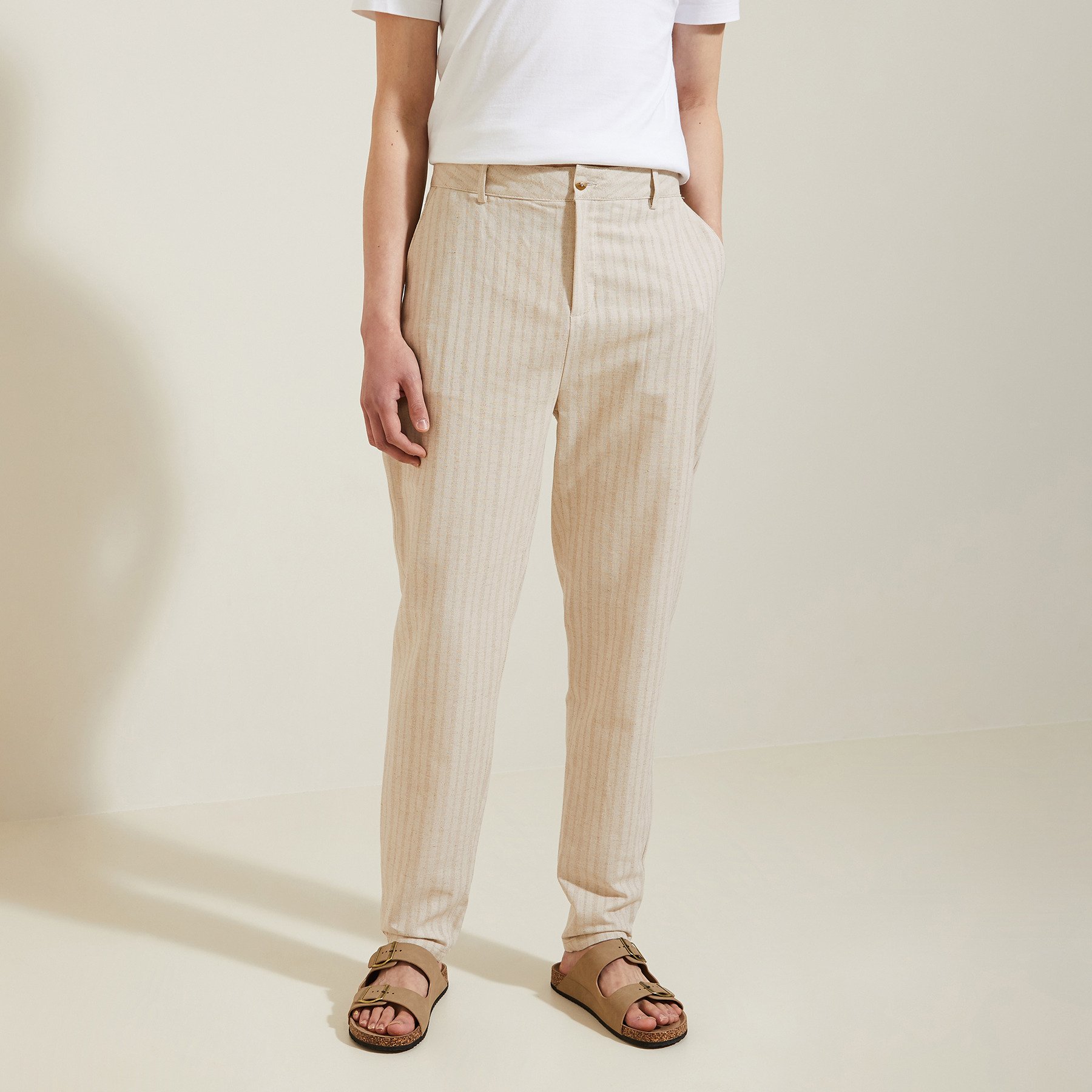 Pantalon relax à rayures Ecru 46 63% Coton, 37% Lin Homme