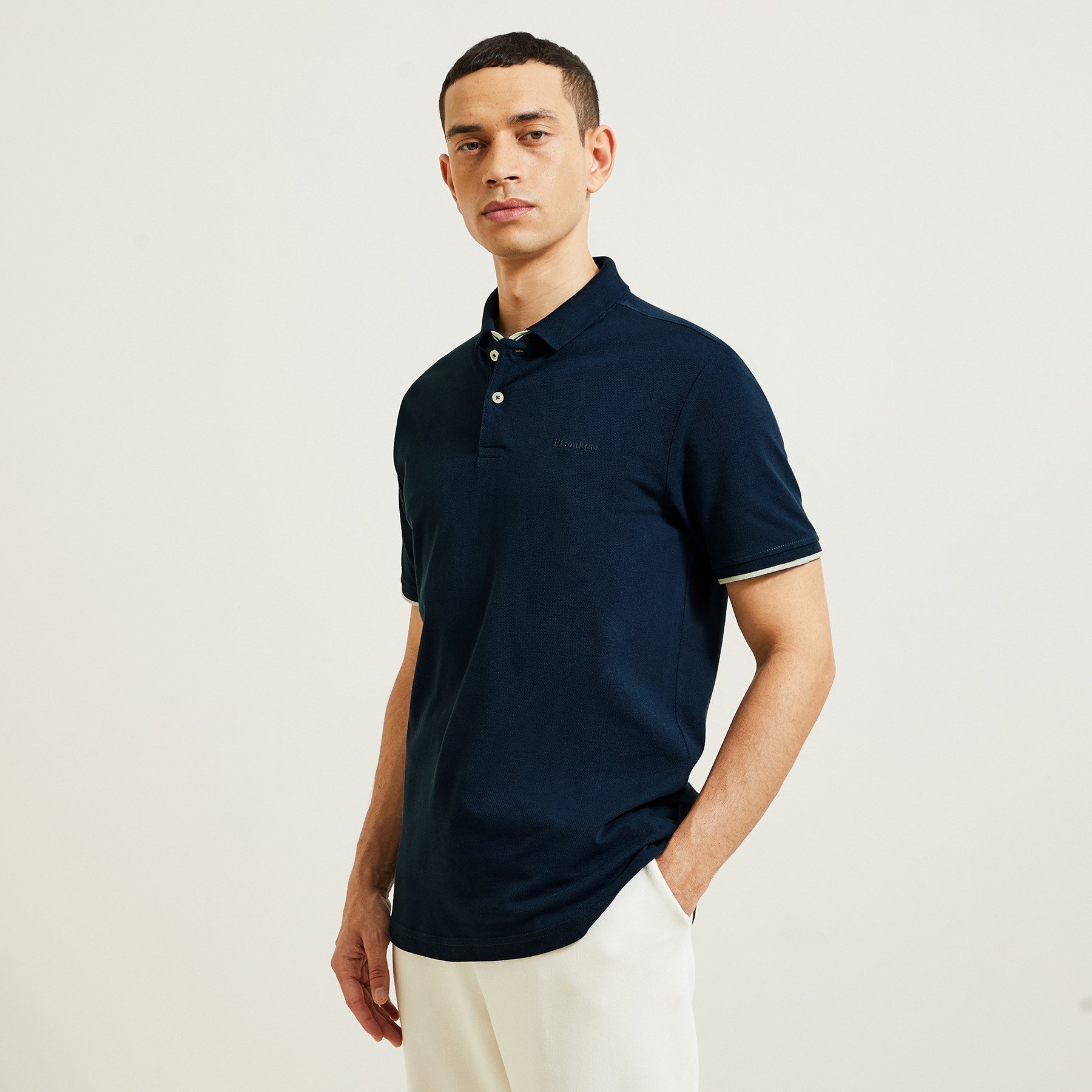 Polo manches courtes fantaisie poitrine double col Bleu S 100% Coton Homme