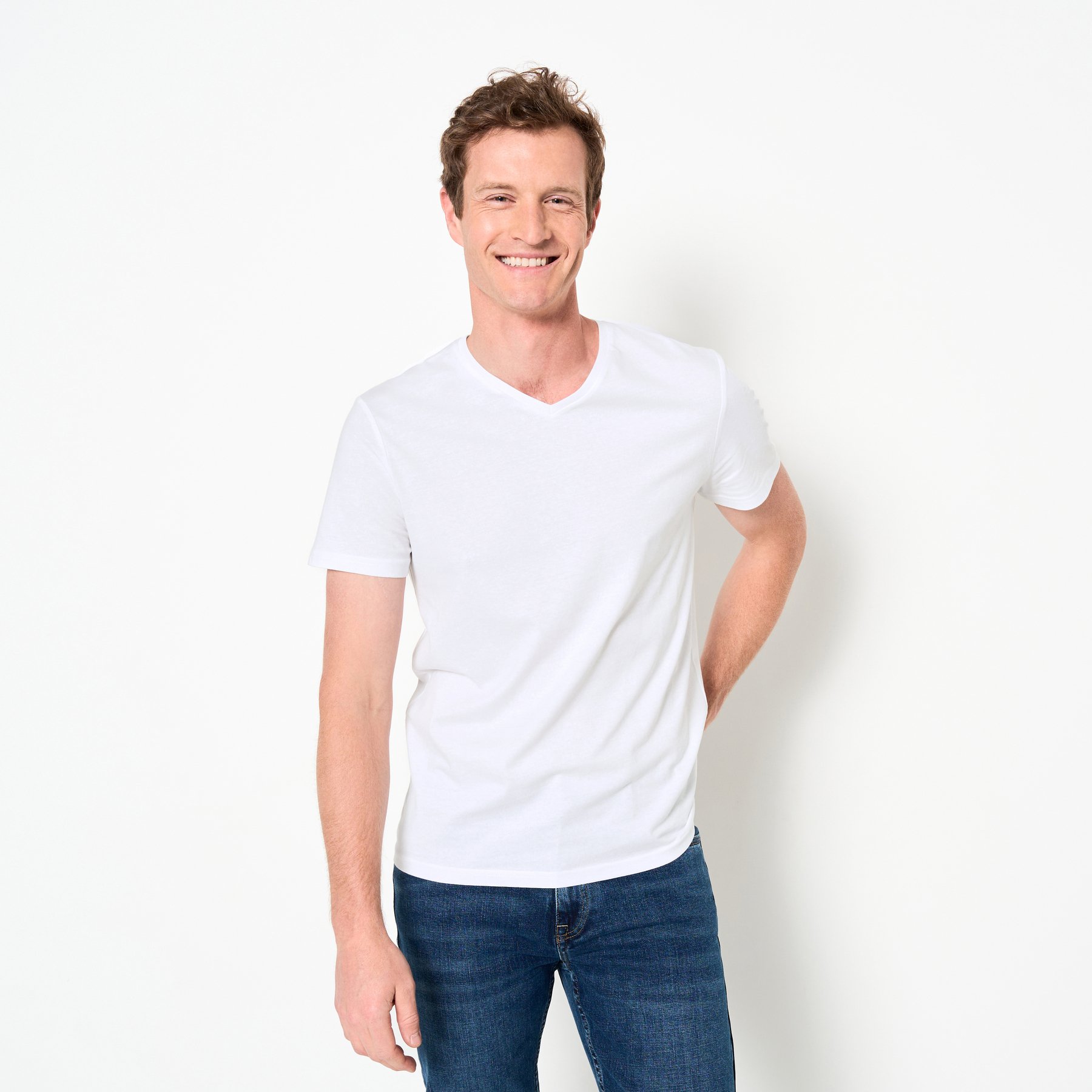 Tee shirt col V en coton Blanc S 95% Coton, 5% Viscose Homme