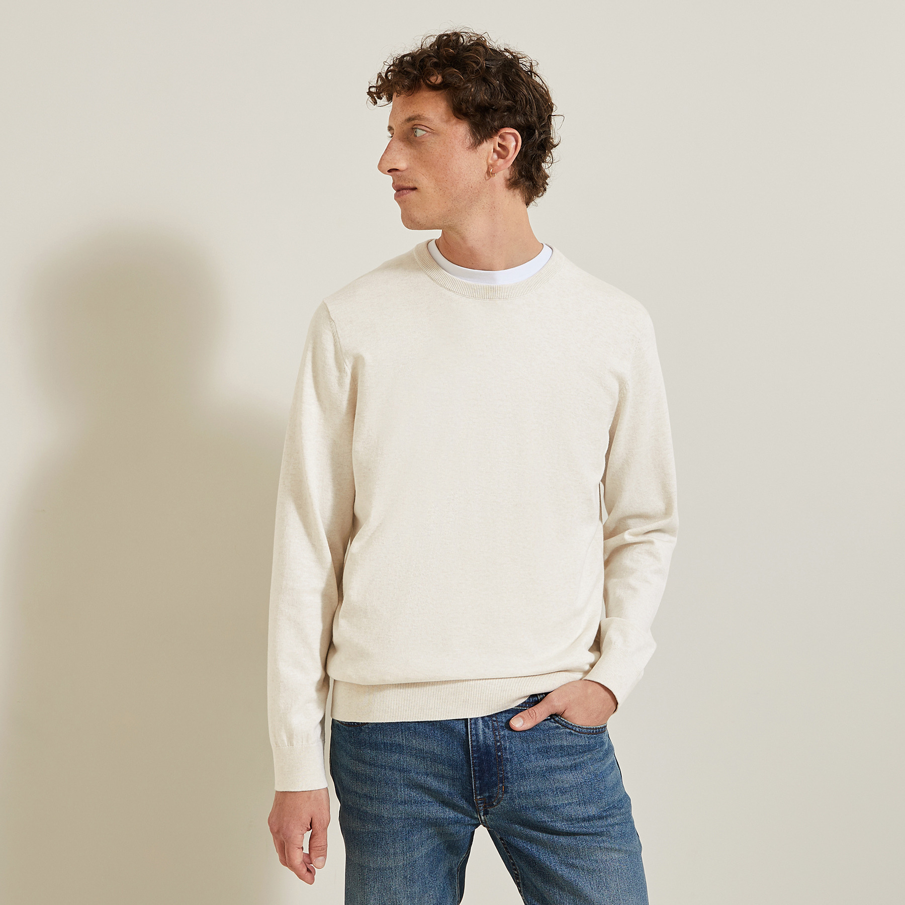 Pull col rond Beige XS 80% Coton, 20% Polyamide Homme