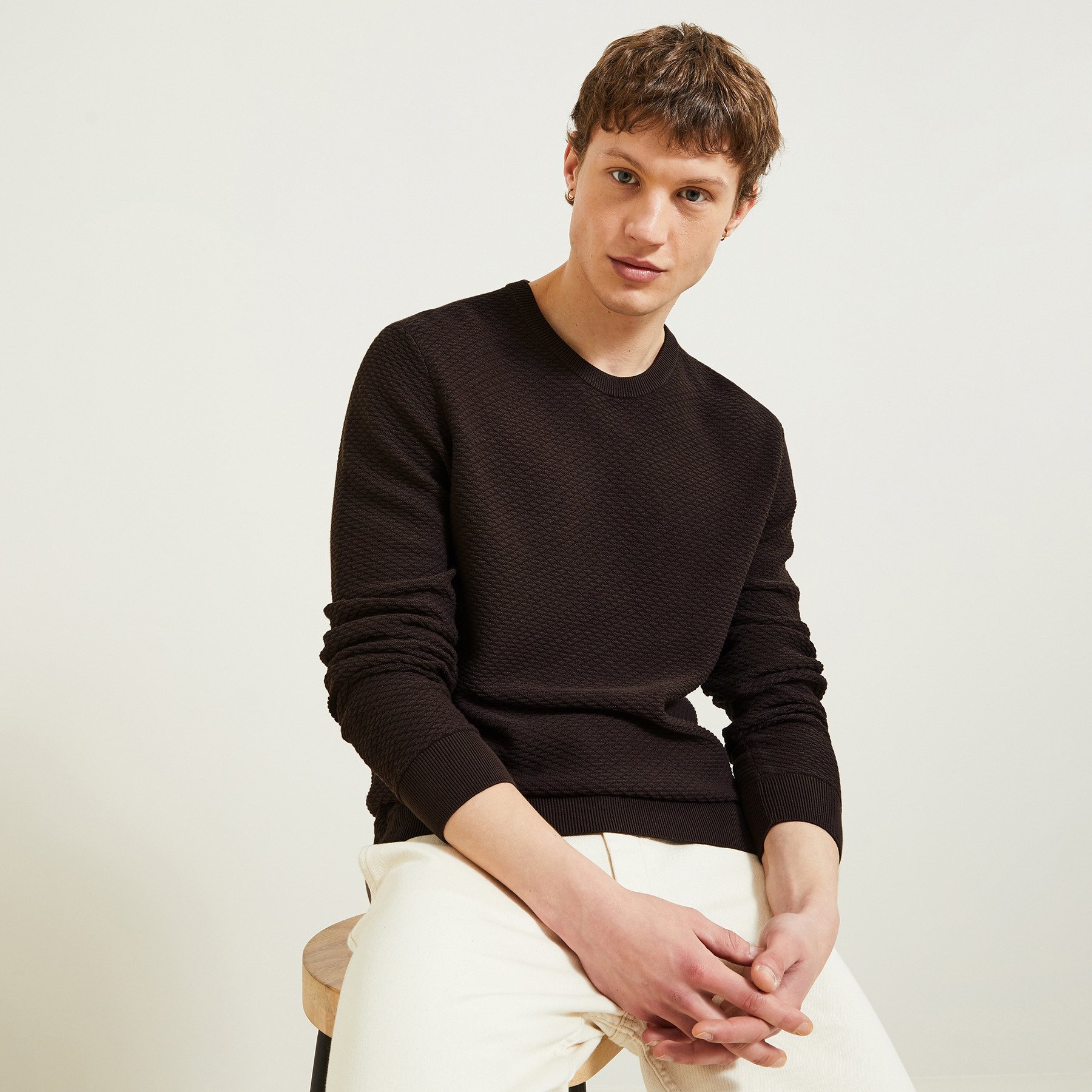 Pull col rond jeux de points fantaisie Marron S 100% Coton Homme