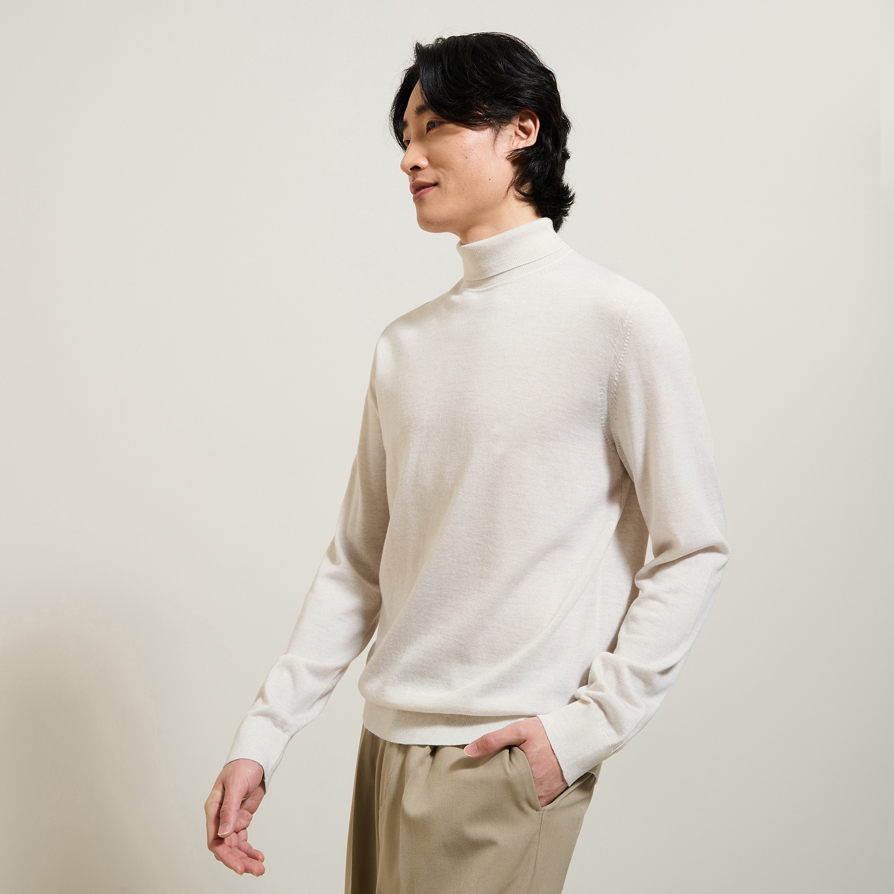 Pull col roulé mérinos Ecru XS 100% Laine Homme