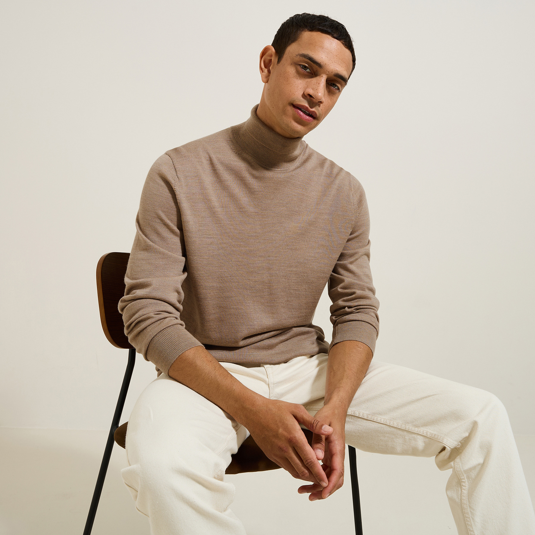 Pull col roulé mérinos Beige S 100% Laine Homme
