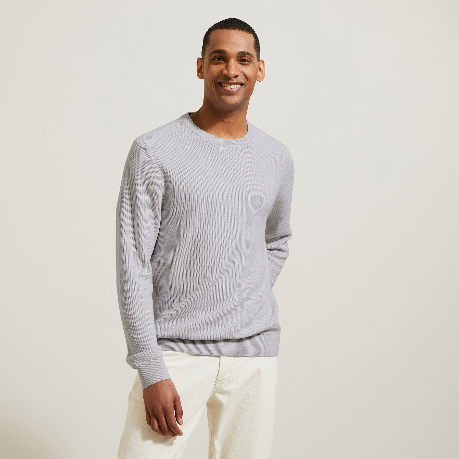 Pull col rond micro alvéole Gris XS 100% Coton Homme