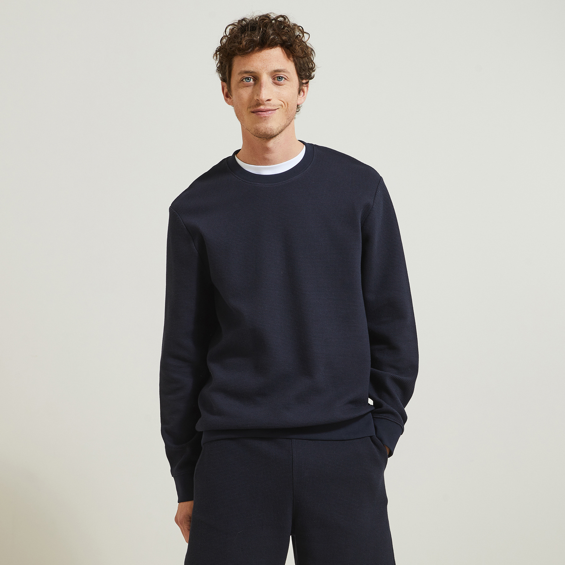 Sweat col rond matière gaufrée Bleu XS 100% Coton Homme